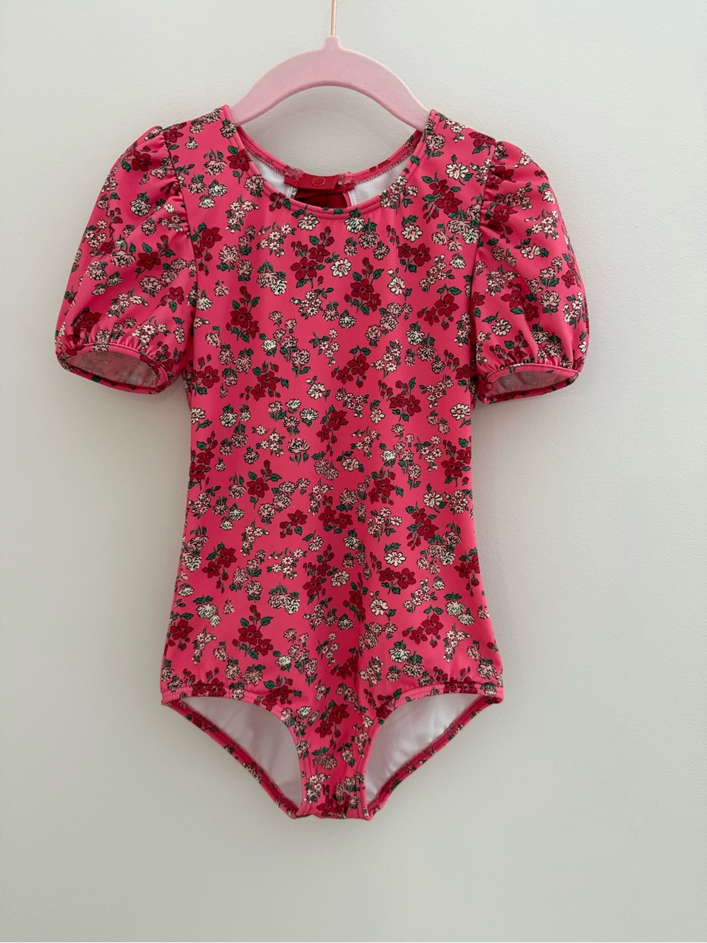 Mini Boden Girls' Pink Floral One-Piece Swimsuit with Puff Sleeves Size 5/6